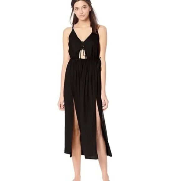O’Neill Viscose Black Front Tie Straps  Slits Flowy Beach Maxi Womens Dress SZ S - Picture 1 of 16
